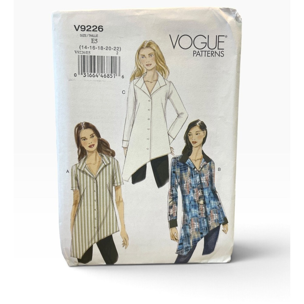 VOGUE V9226 Misses Tunic Top Blouse Sz 14 16 18 20 22 Asymmetrical Hem Uncut FF
